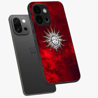 Cosmic Twin Eclipse Glass Case for 1+13S angled mockup showcasing glossy finish and bold celestial contrast