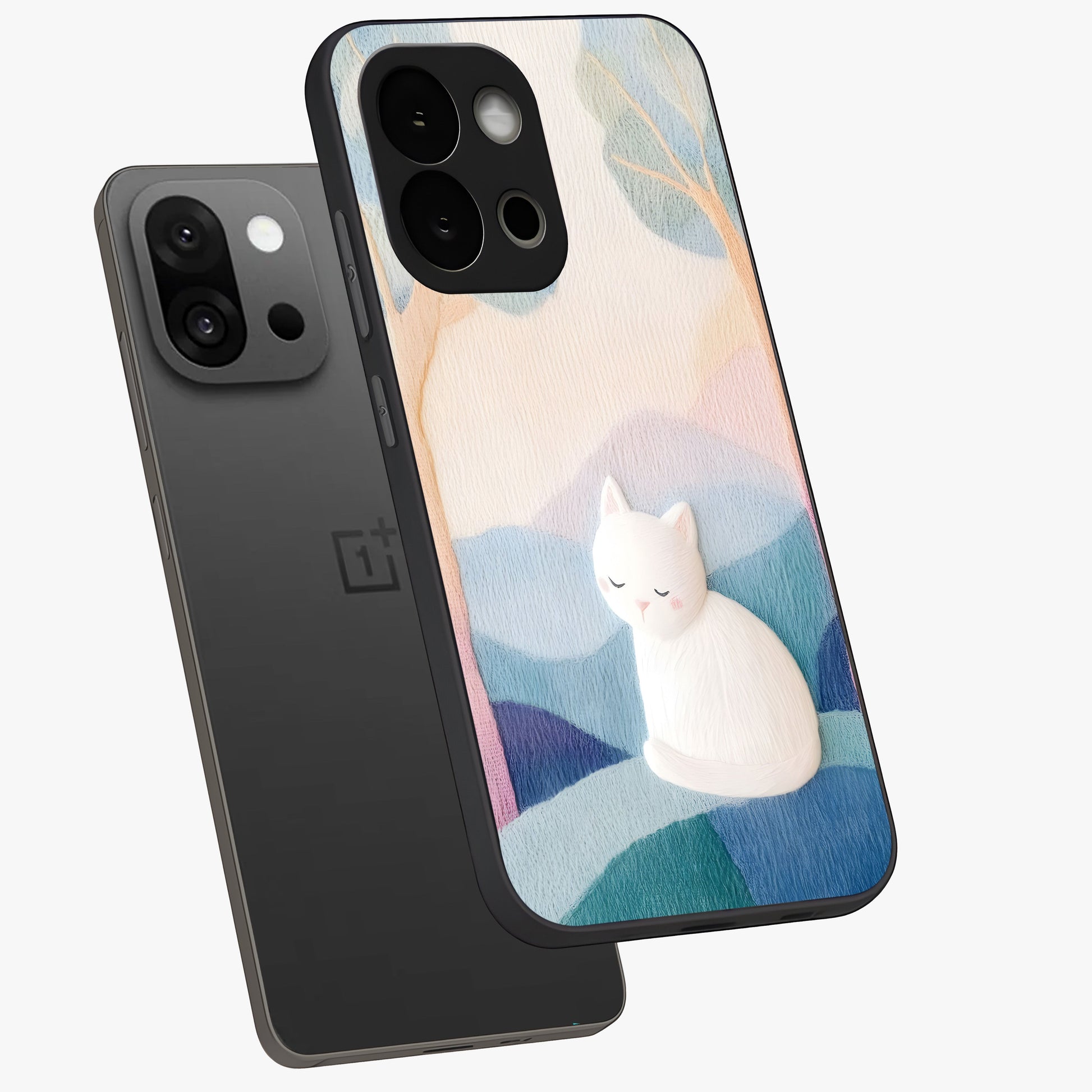Cotton Dream Cat Glass Case for 1+13S angled mockup showcasing glossy glass finish and cozy aesthetic design