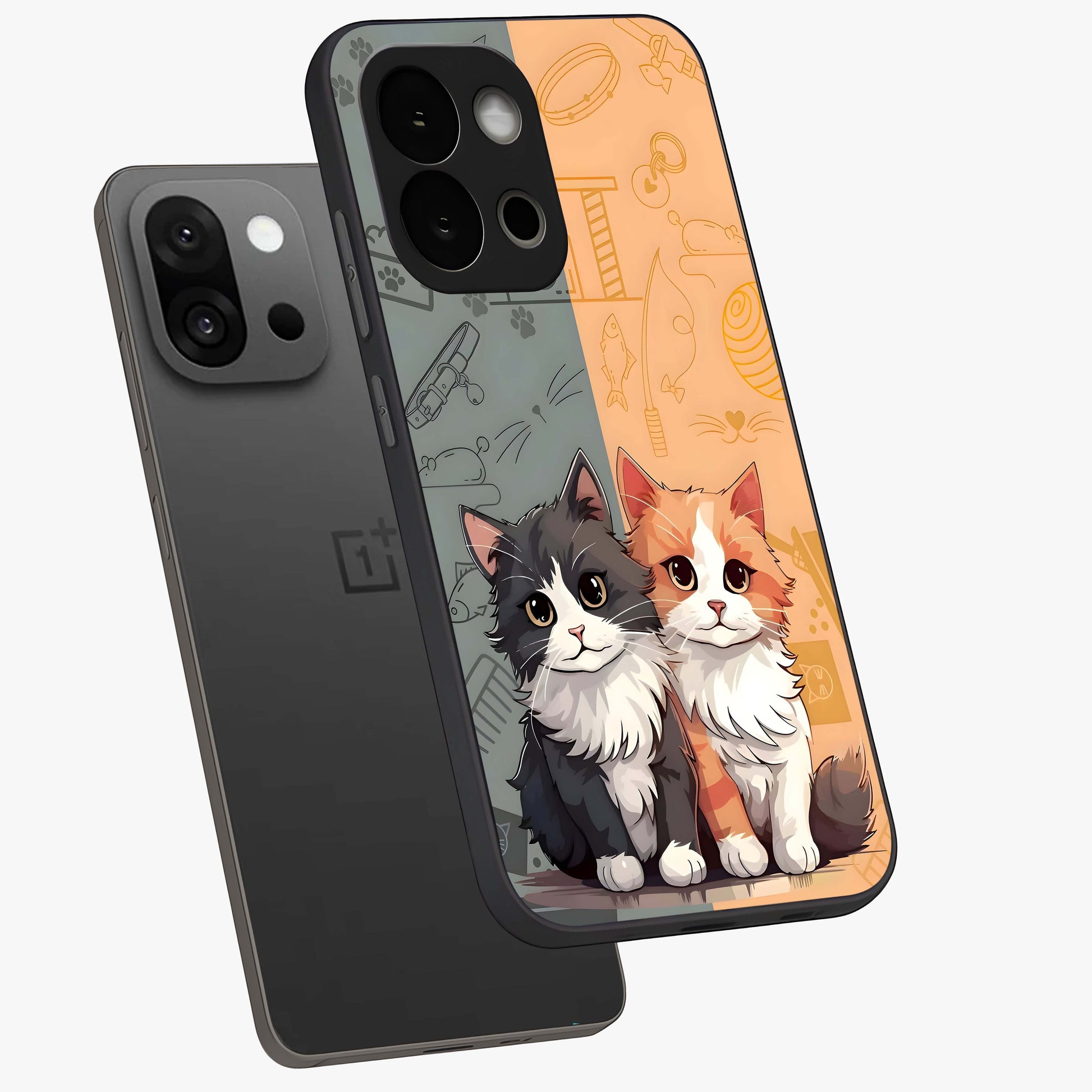 Cozy Cat Duo Glass Case for 1+13S angled mockup showcasing glossy finish and charming pastel tones