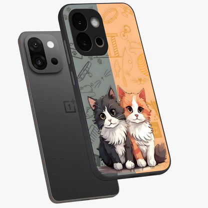 Cozy Cat Duo Glass Case for 1+13S angled mockup showcasing glossy finish and charming pastel tones