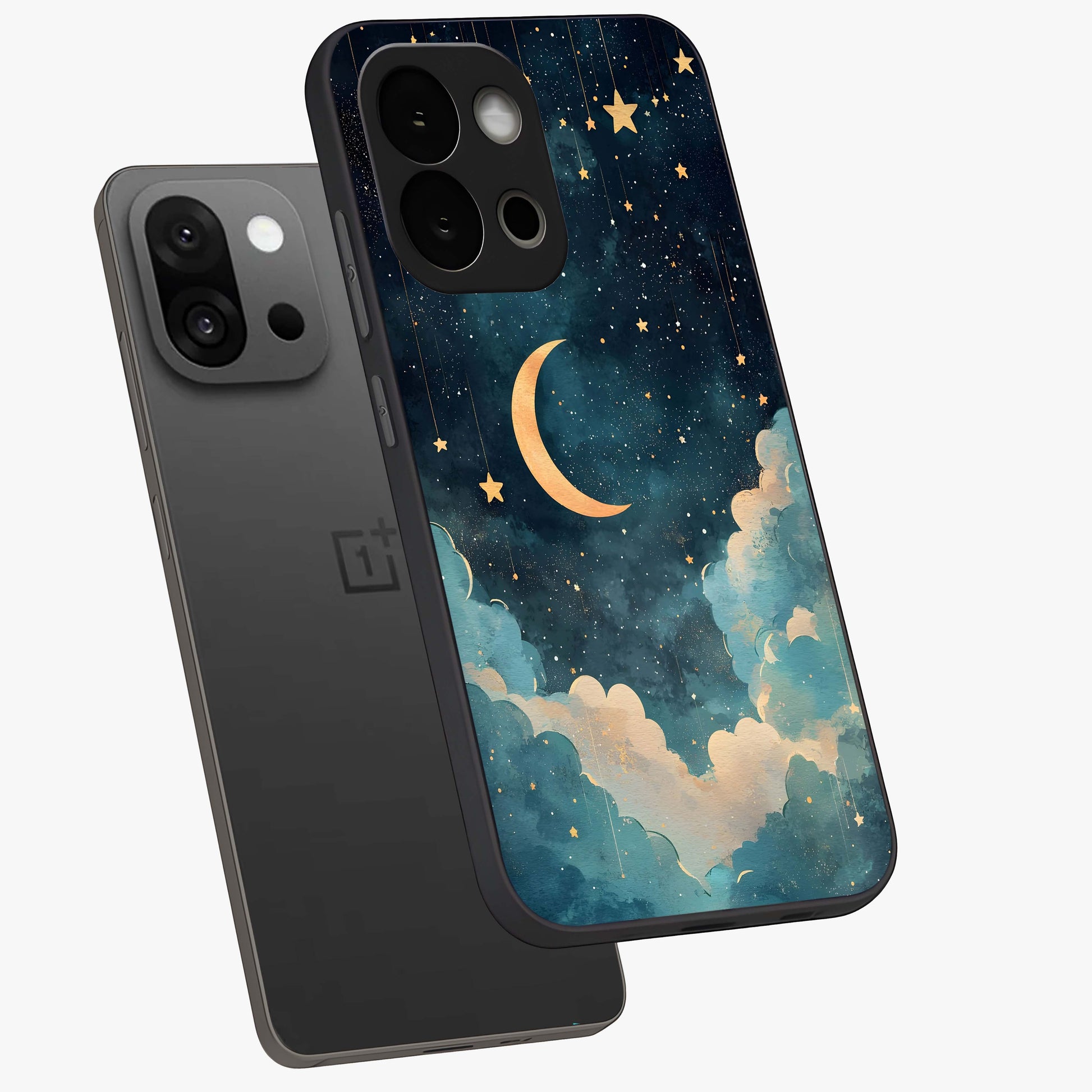 Crescent Galaxy Moon Glass Case for 1+13S angled mockup showcasing glossy finish and glowing galaxy tones