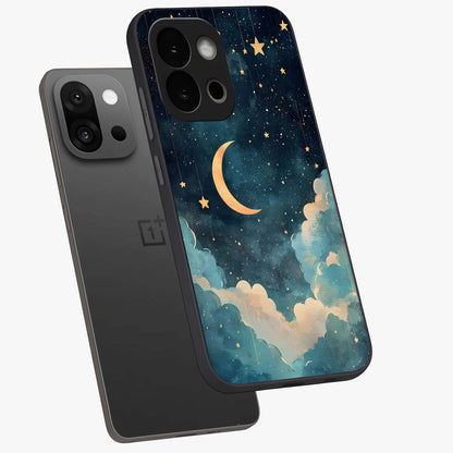 Crescent Galaxy Moon Glass Case for 1+13S angled mockup showcasing glossy finish and glowing galaxy tones