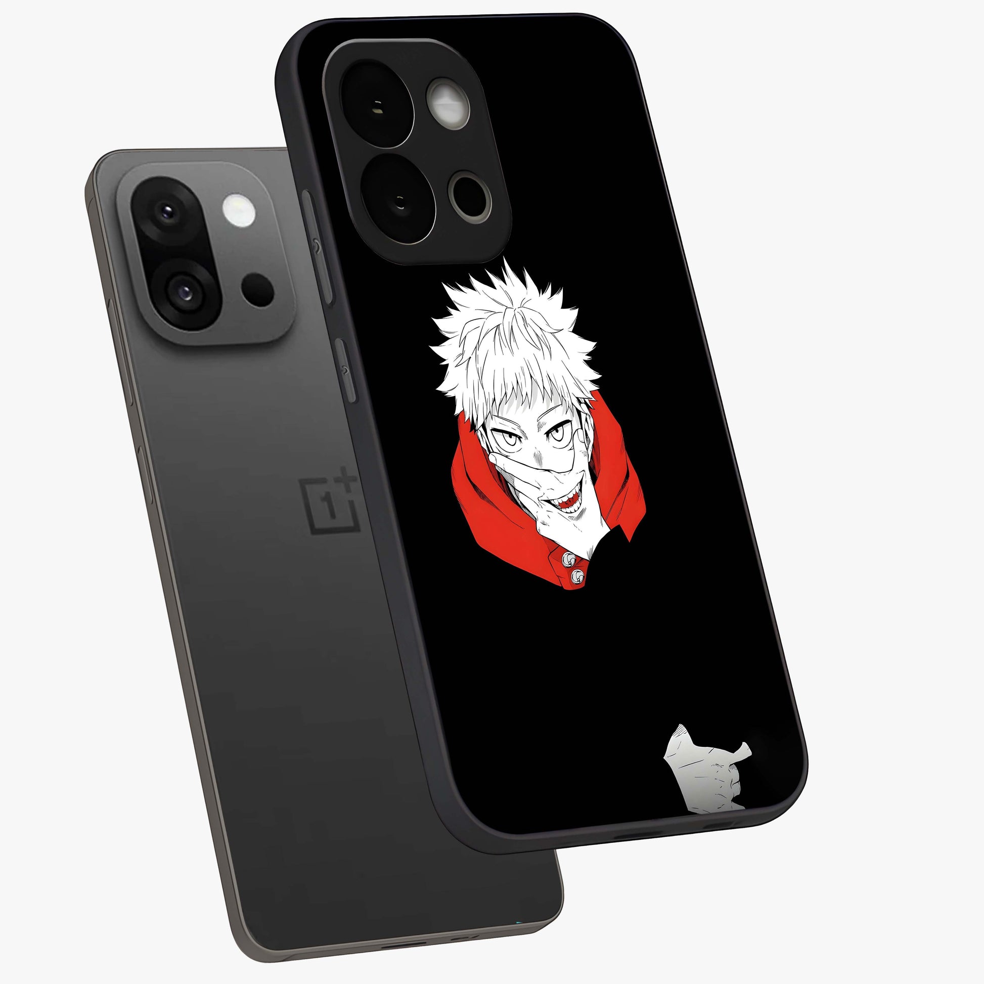 Crimson Chaos Smile Glass Case for 1+13S angled mockup showcasing glossy finish and dramatic red detailing