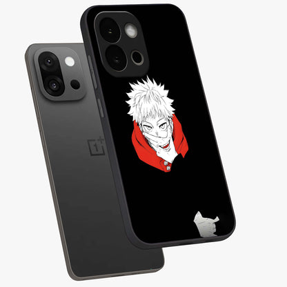Crimson Chaos Smile Glass Case for 1+13S angled mockup showcasing glossy finish and dramatic red detailing