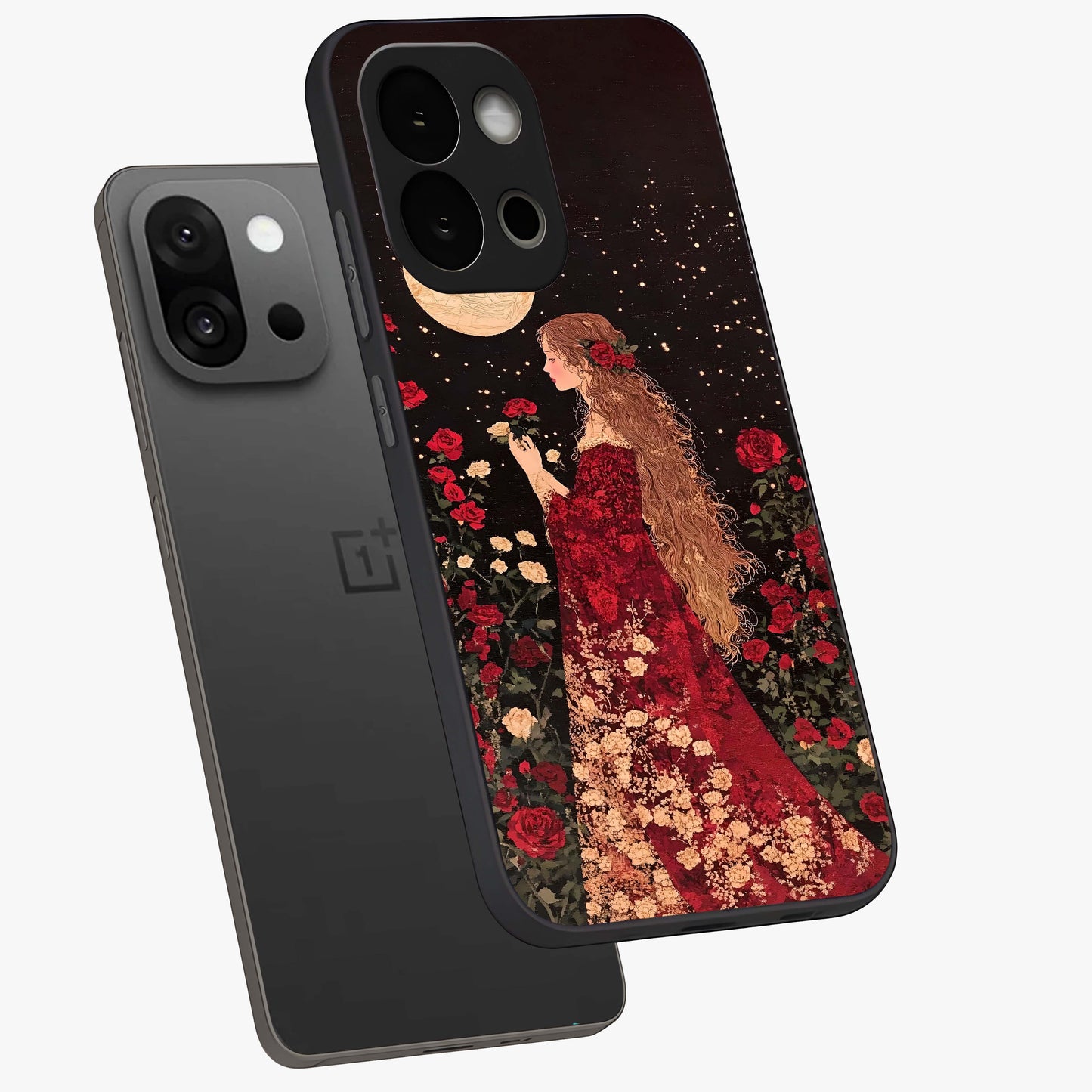 Crimson Dreams Glass Case for 1+13S angled mockup showcasing glossy finish and deep crimson gradients