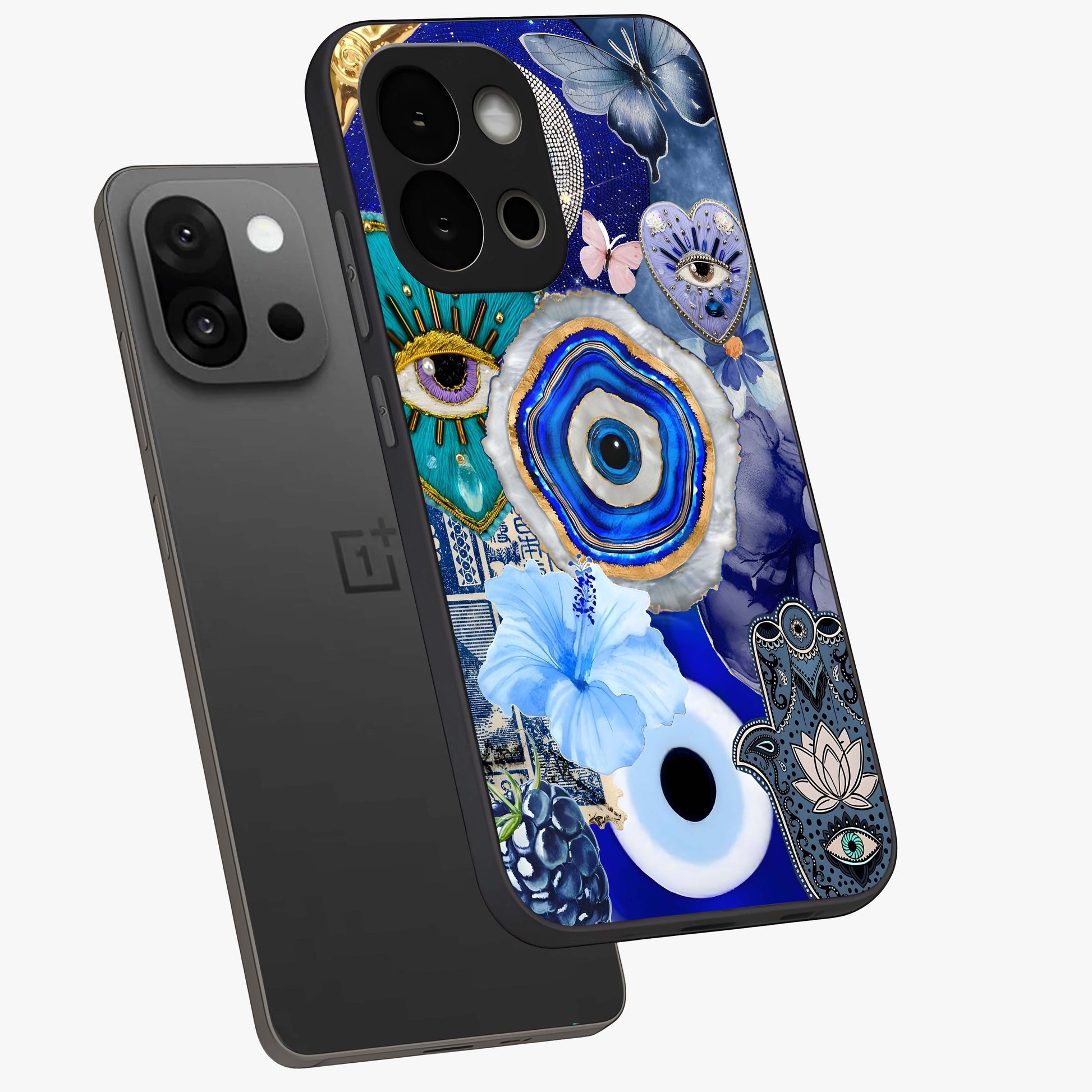 Crimson Evil Eye Charm Glass Case for 1+13S angled mockup showcasing glossy finish and vibrant symbolic detailing