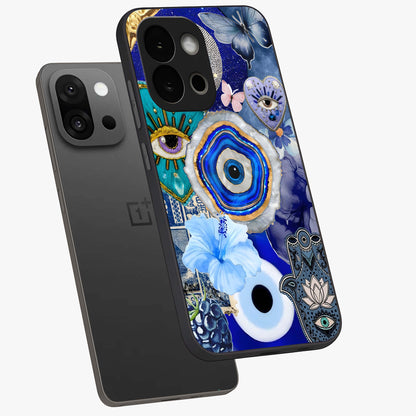 Crimson Evil Eye Charm Glass Case for 1+13S angled mockup showcasing glossy finish and vibrant symbolic detailing