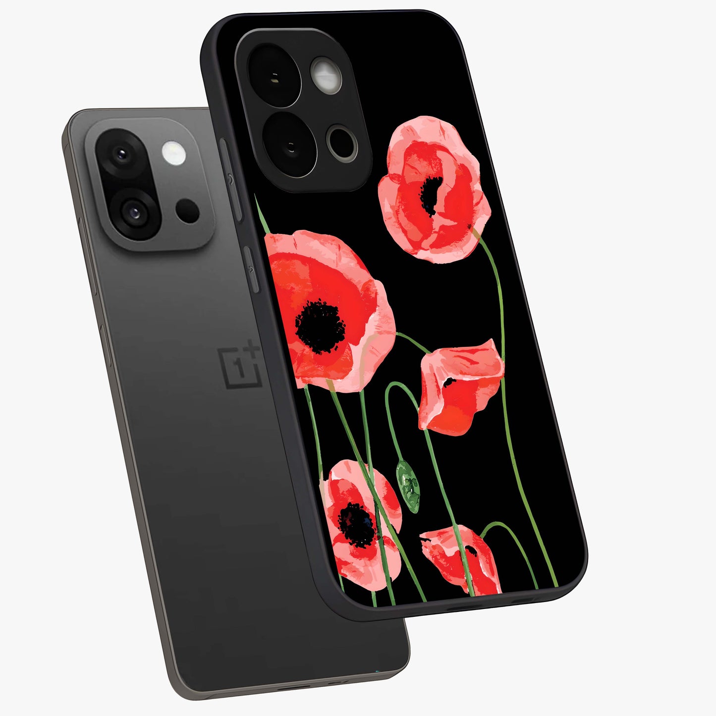 Crimson Garden Dream Glass Case for 1+13S angled mockup showcasing glossy finish and vibrant bloom detailing