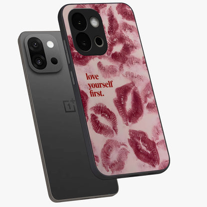 Crimson Kiss Love Glass Case for 1+13S angled mockup showcasing glossy glass finish and rich red tones