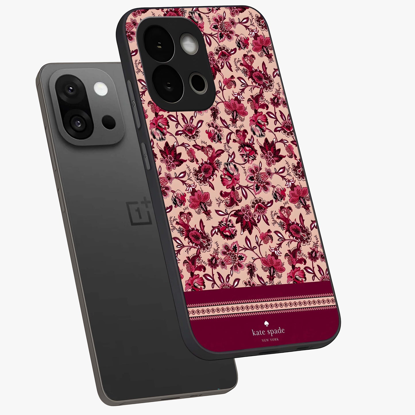 Crimson Rose Charm Glass Case for 1+13S angled mockup showcasing glossy finish and romantic floral detailing