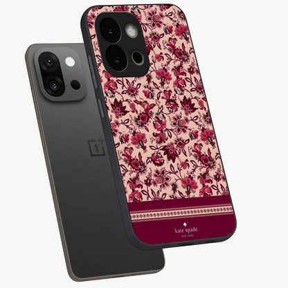 Crimson Rose Charm Glass Case for 1+13S angled mockup showcasing glossy finish and romantic floral detailing