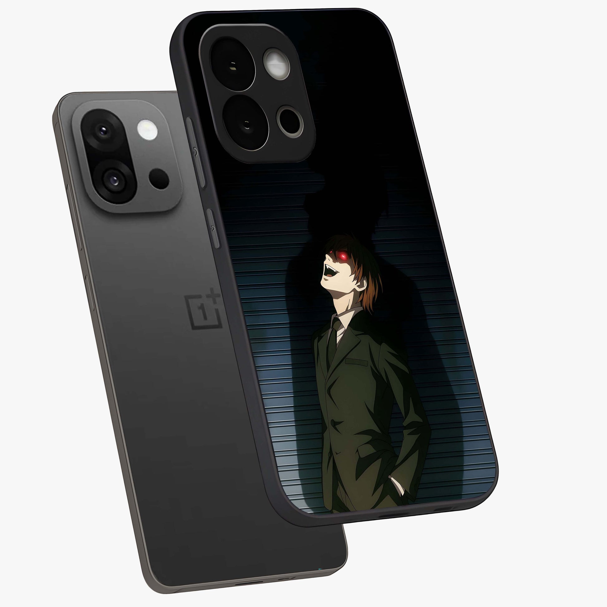 Crimson Shadow King Glass Case for 1+13S angled mockup showcasing glossy finish and dark royal aesthetic