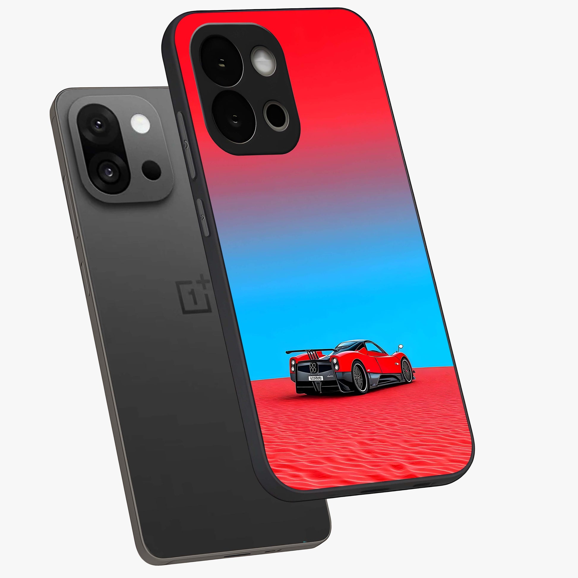 Crimson Speed Mirage Glass Case for 1+13S angled mockup showcasing glossy finish and dynamic speed detailing