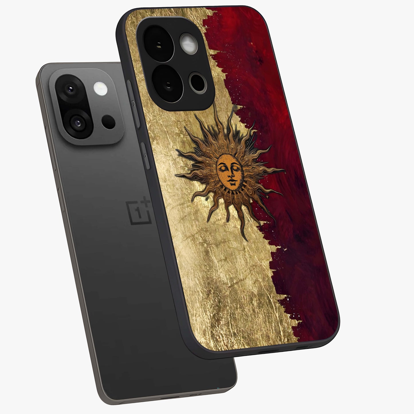 Crimson Sun Majesty Glass Case for 1+13S angled mockup showcasing glossy finish and majestic celestial tones