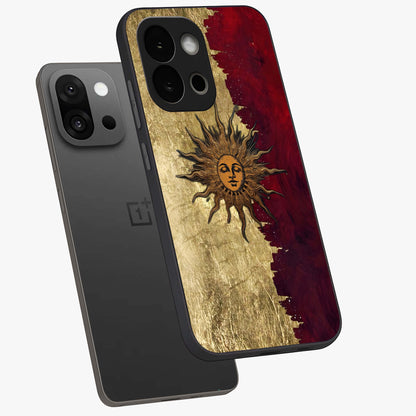 Crimson Sun Majesty Glass Case for 1+13S angled mockup showcasing glossy finish and majestic celestial tones