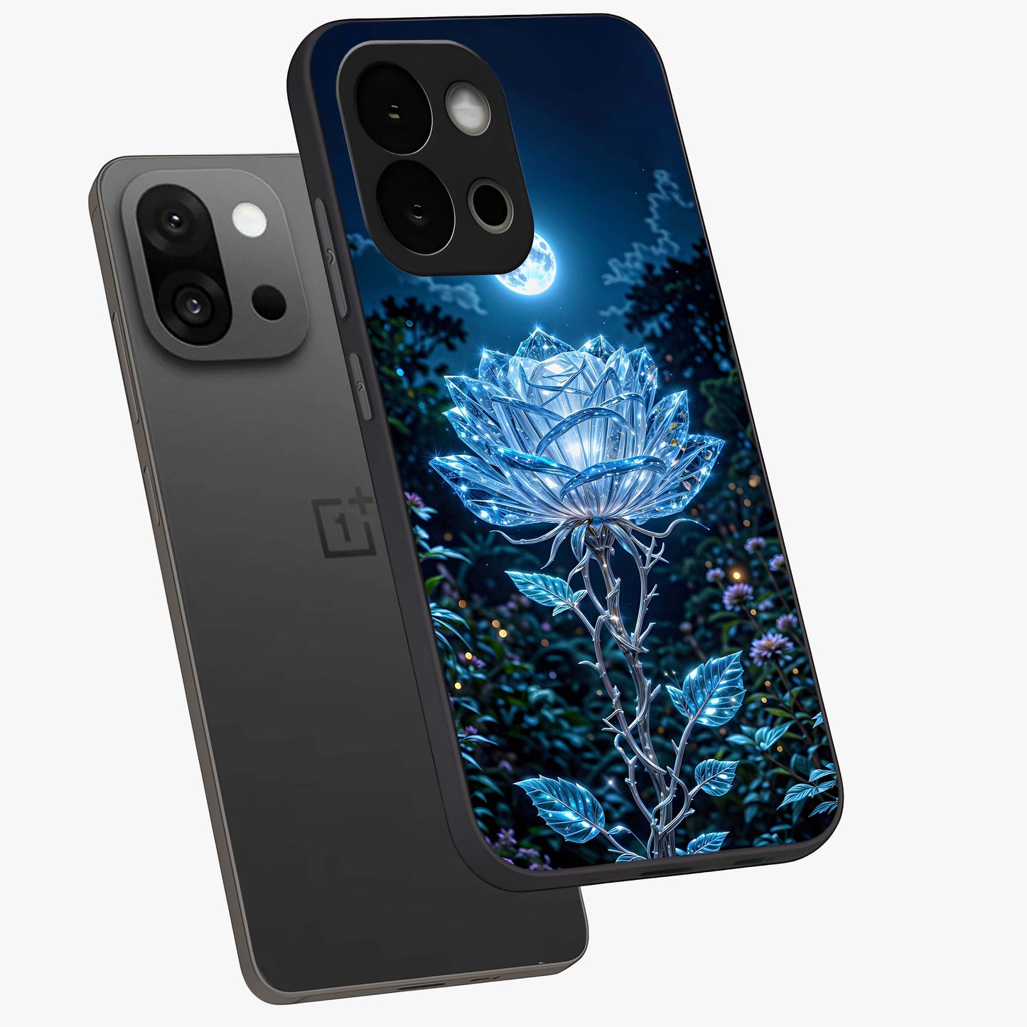 Crystal Moon Lotus Glass Case for 1+13S angled mockup showcasing glossy glass finish and luminous floral detailing