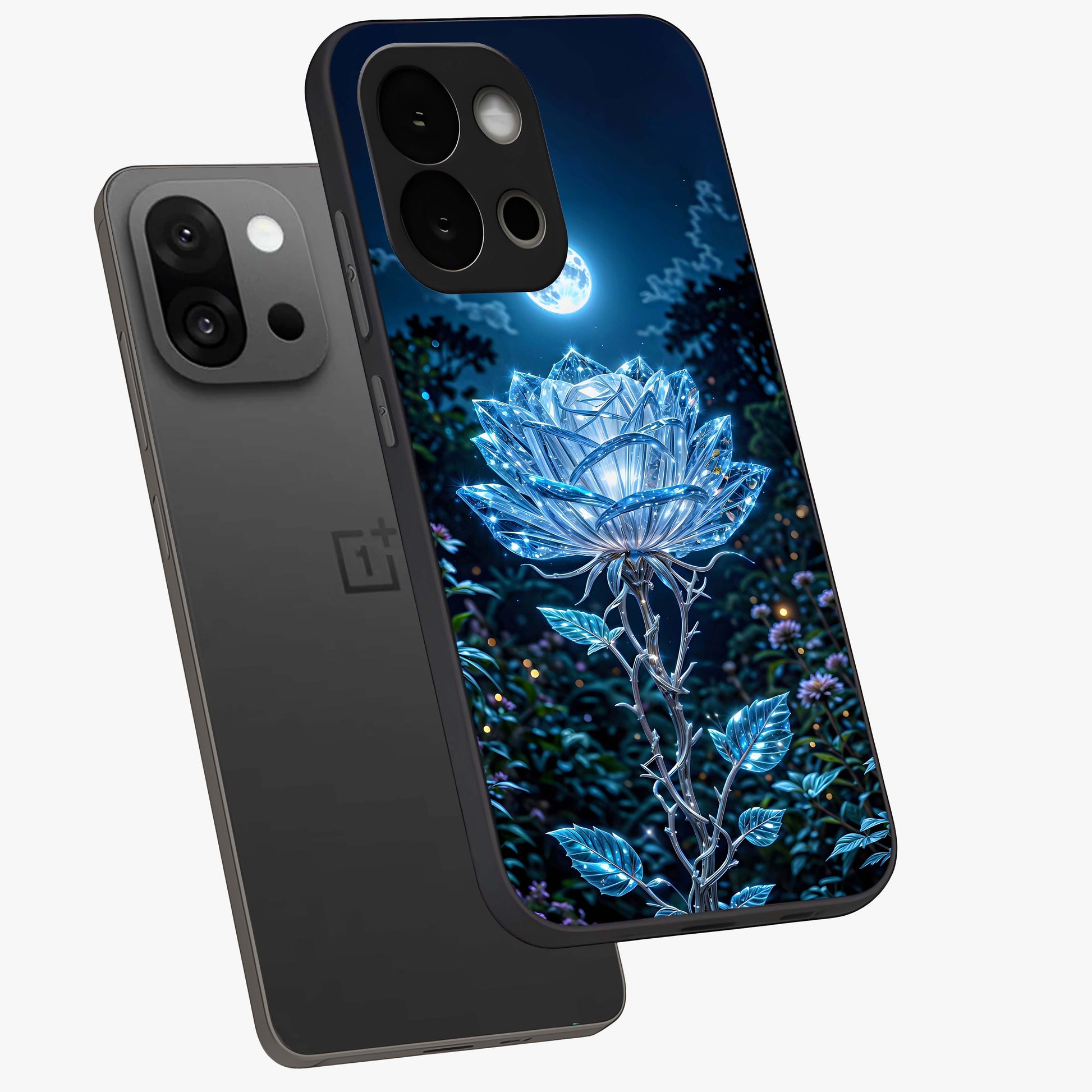 Crystal Moon Lotus Glass Case for 1+13S angled mockup showcasing glossy glass finish and luminous floral detailing