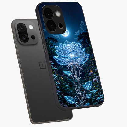 Crystal Moon Lotus Glass Case for 1+13S angled mockup showcasing glossy glass finish and luminous floral detailing
