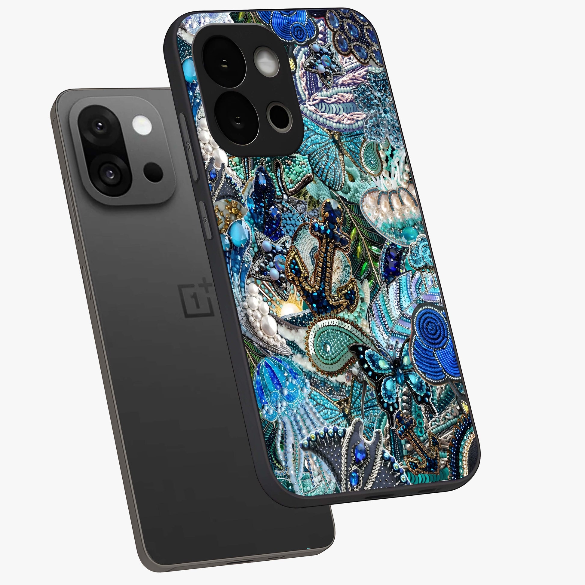 Crystal Ocean Magic Glass Case for 1+13S angled mockup showcasing glossy finish and flowing aqua tones