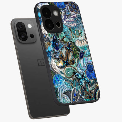 Crystal Ocean Magic Glass Case for 1+13S angled mockup showcasing glossy finish and flowing aqua tones