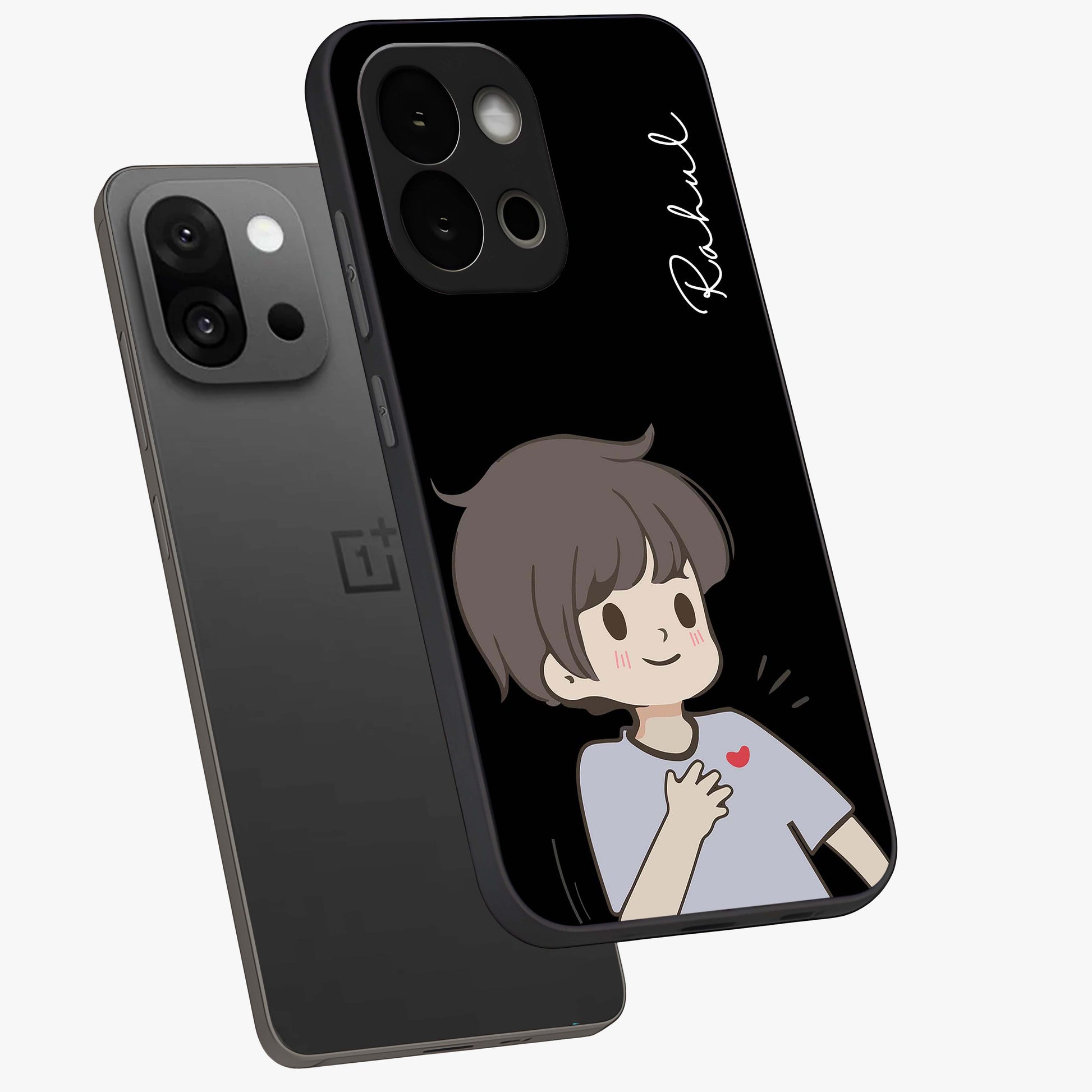 Cute Boy Heart Reaction Glass Case for 1+13S angled mockup showcasing glossy finish and vibrant pastel tones