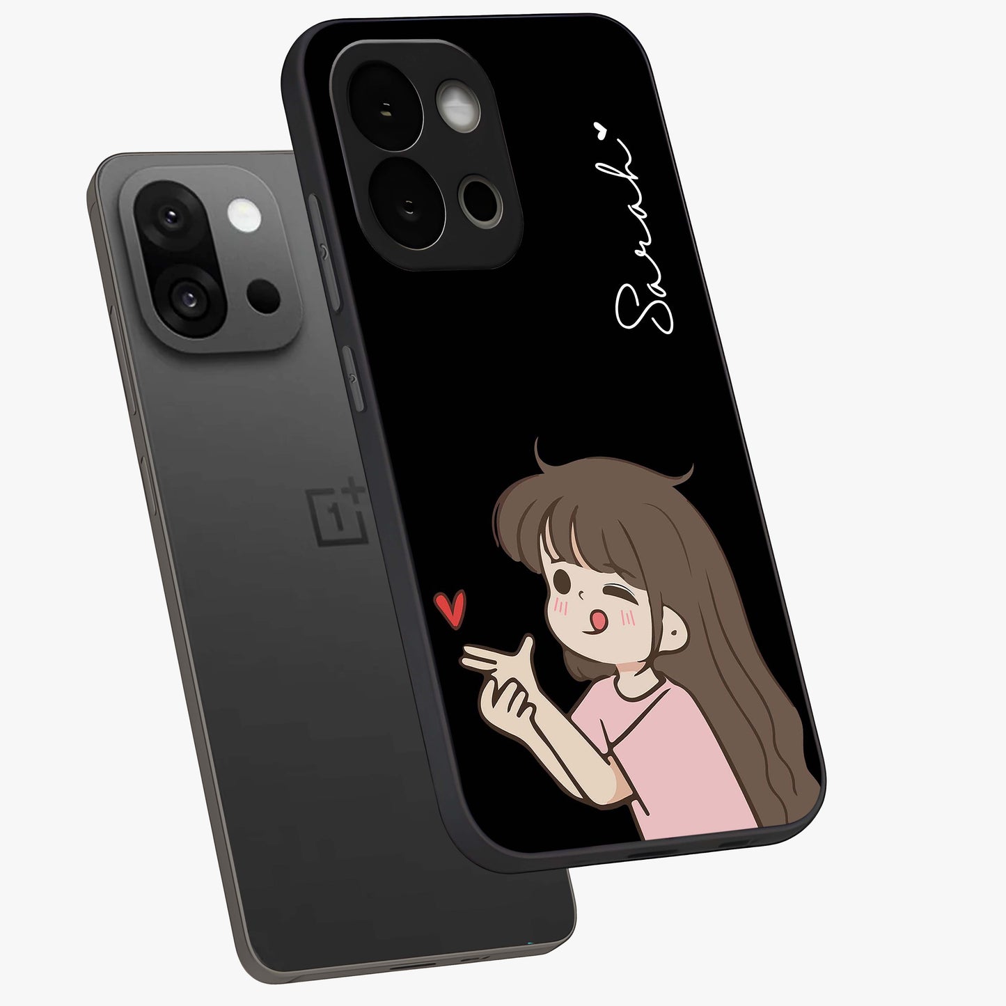 Cute Girl Firing Heart Glass Case for 1+13S angled mockup showcasing glossy finish and lively character detailing