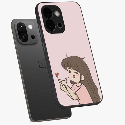 Cute Kiss Heart Glass Case for 1+13S angled mockup showcasing glossy finish and soft pastel tones