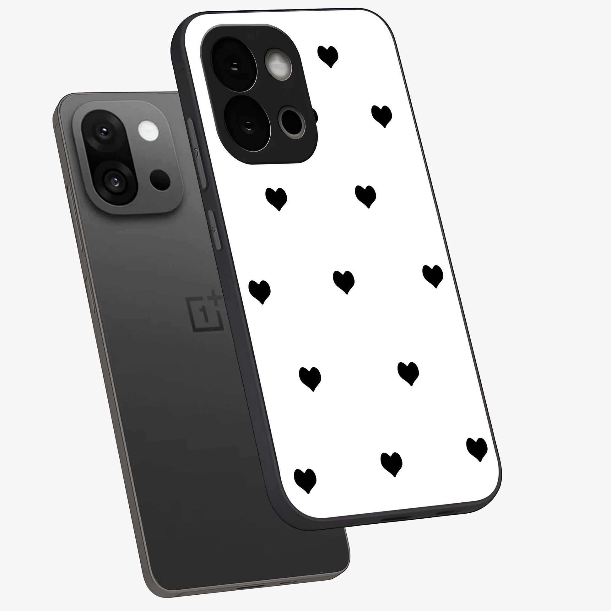 Cute Simple black Hearts Glass Case for 1+13S angled mockup showcasing glossy finish and bold shadow detailing