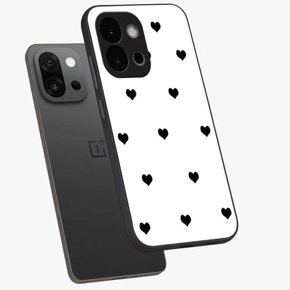 Cute Simple black Hearts Glass Case for 1+13S angled mockup showcasing glossy finish and bold shadow detailing