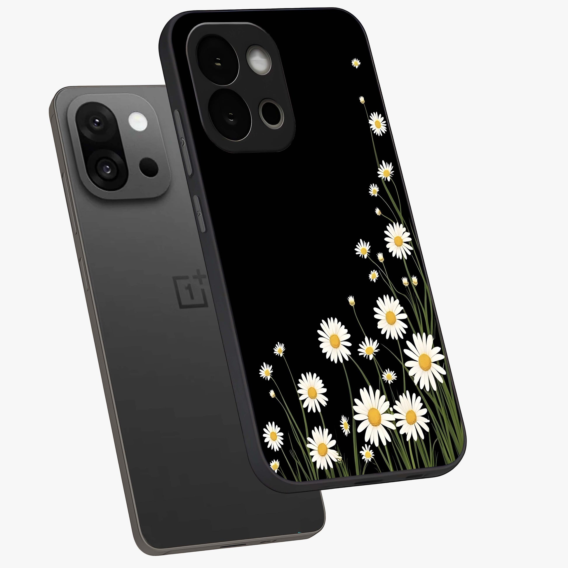 Daisy Cascade on Black Glass Case for 1+13S angled mockup showcasing glossy finish and bold floral contrast