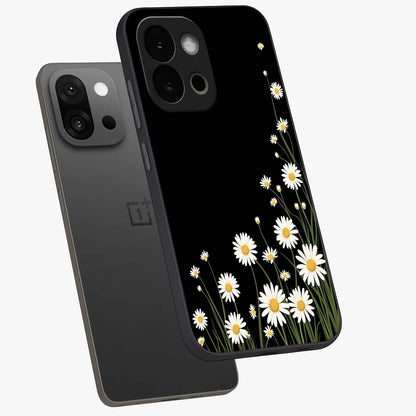 Daisy Cascade on Black Glass Case for 1+13S angled mockup showcasing glossy finish and bold floral contrast