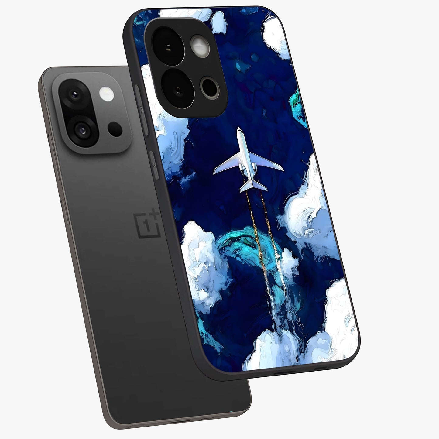 Dark Airplane Glass Case for 1+13S angled mockup showcasing glossy finish and dramatic sky tones
