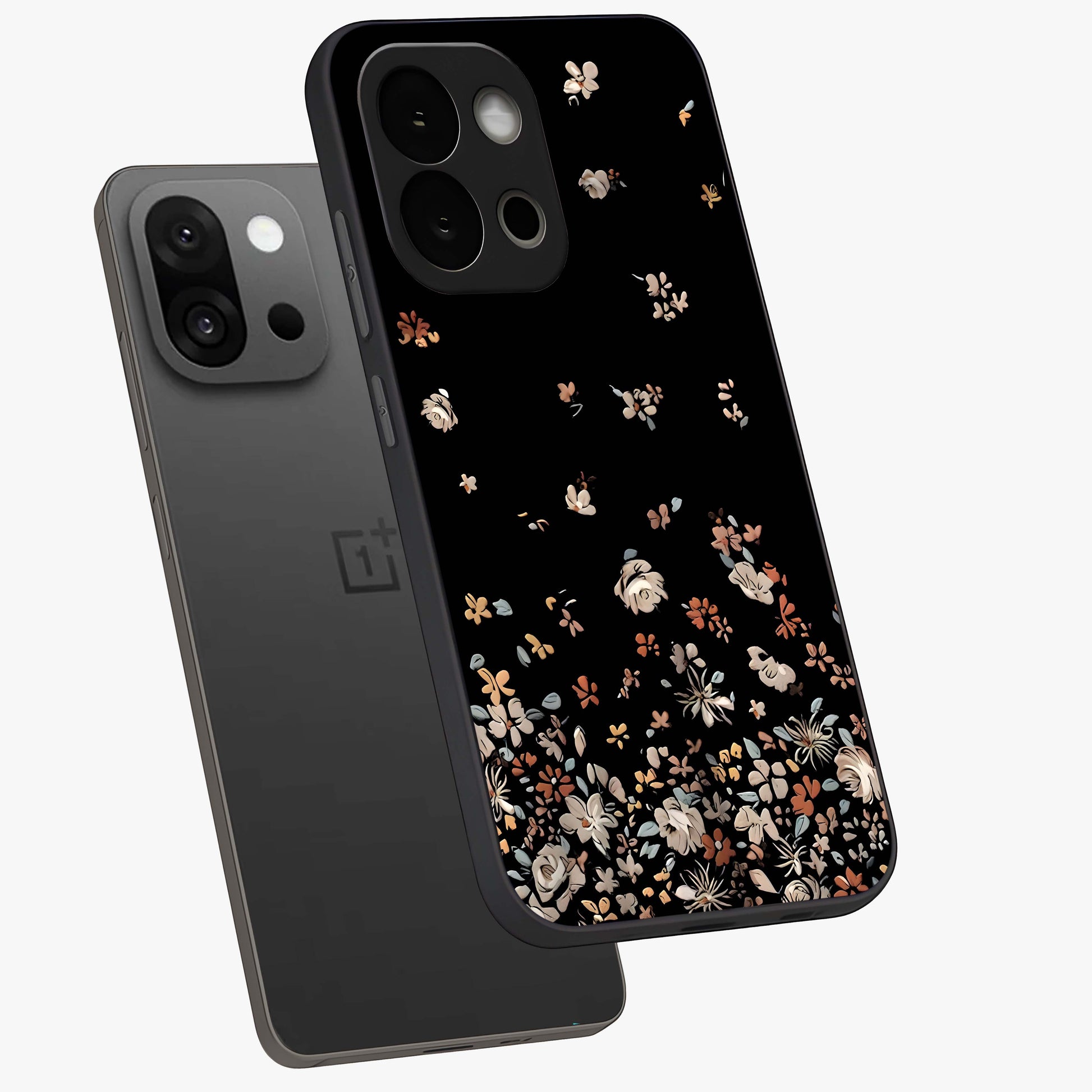 Dark Petal Aesthetic Glass Case for 1+13S angled mockup showcasing glossy finish and dramatic petal detailing