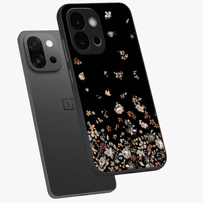 Dark Petal Aesthetic Glass Case for 1+13S angled mockup showcasing glossy finish and dramatic petal detailing