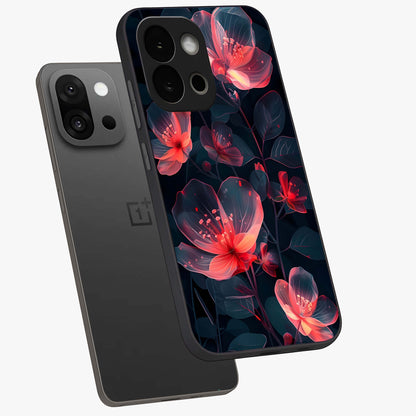 Dark Shade of Flower Glass Case for 1+13S angled mockup showcasing glossy finish and bold contrast detailing