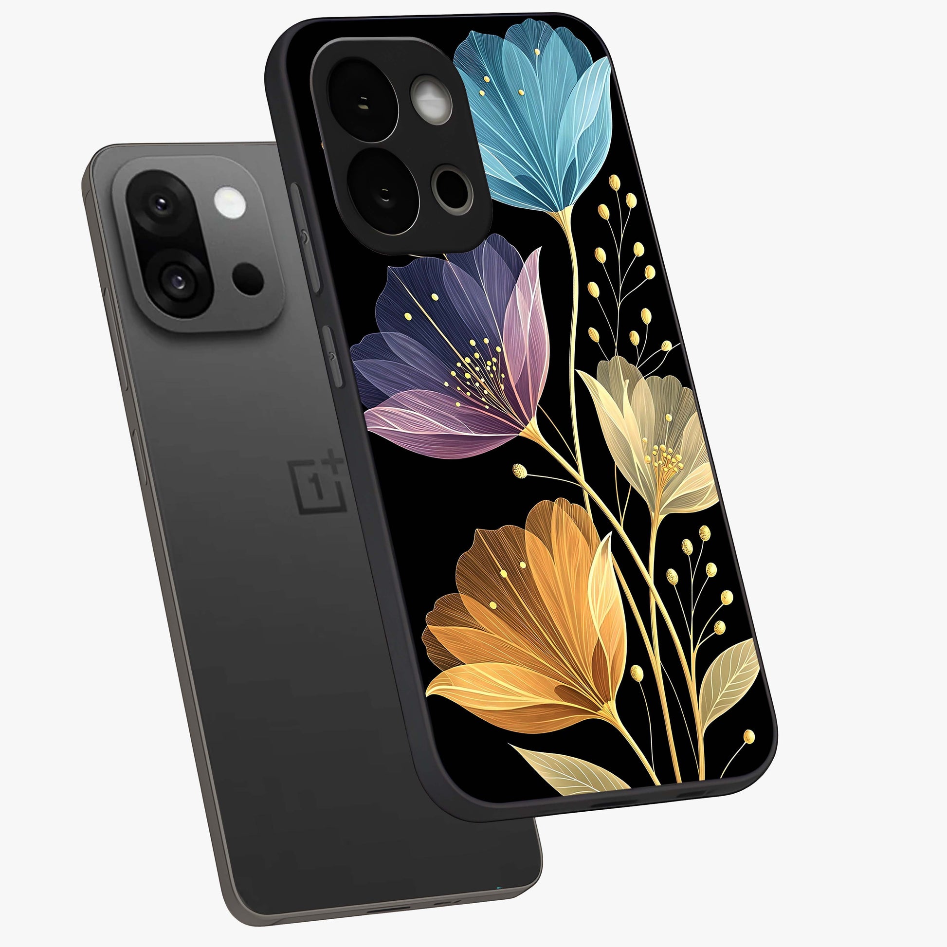 Delicate Multicolor Flowers Glass Case for 1+13S angled mockup showcasing glossy finish and pastel bloom detailing