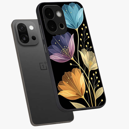 Delicate Multicolor Flowers Glass Case for 1+13S angled mockup showcasing glossy finish and pastel bloom detailing