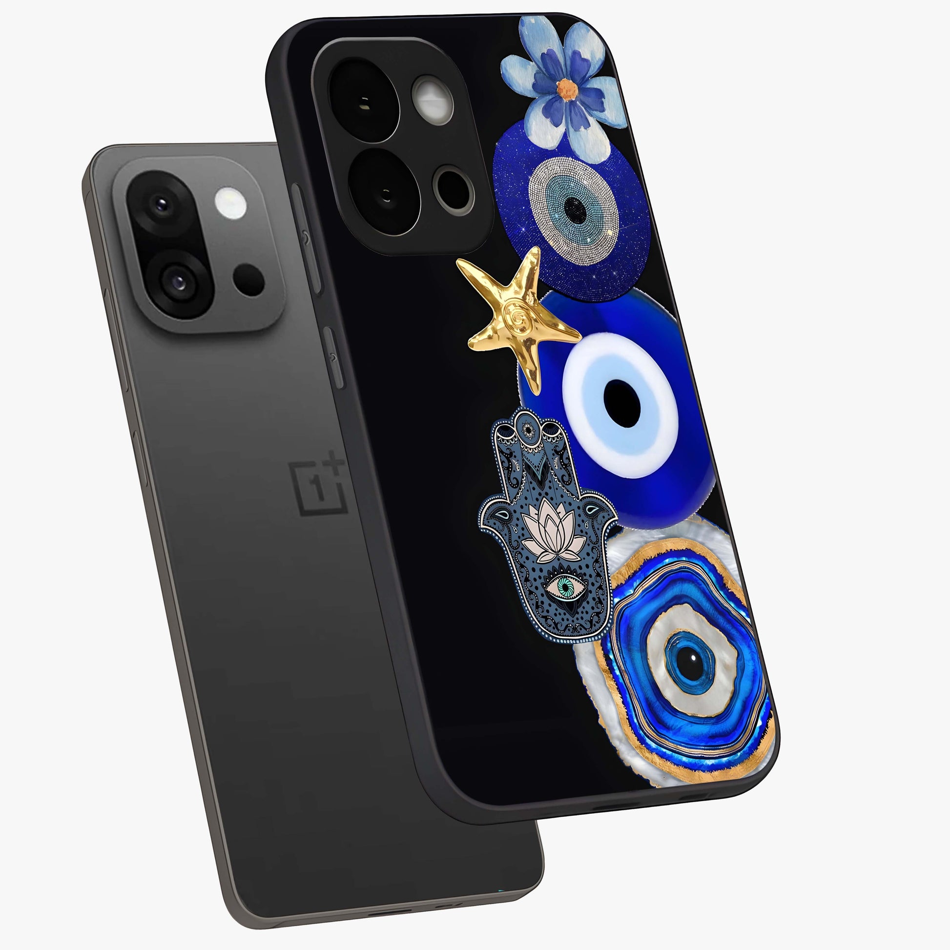 Divine Eye Bloom Glass Case for 1+13S angled mockup showcasing glossy finish and vibrant protective detailing