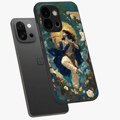 Divine Krishna Art Glass Case for 1+13S angled mockup showcasing glossy finish and vibrant spiritual tones