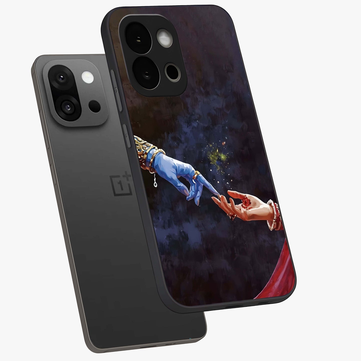 Divine Touch Eternal Glass Case for 1+13S angled mockup showcasing glossy finish and elegant design tones