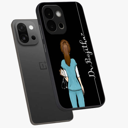 Doctor Pattern Custom Name Glass Case for 1+13S angled mockup showcasing glossy finish and detailed pattern elements
