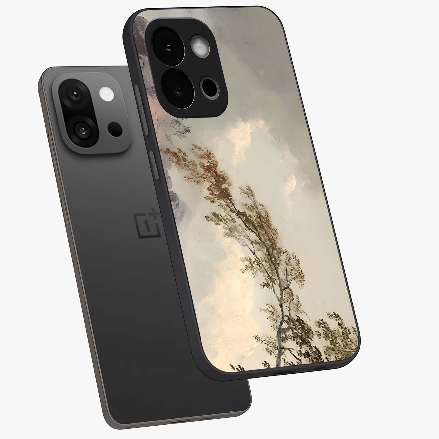 Dreamlike Wind Field Glass Case for 1+13S angled mockup showcasing glossy glass finish and dreamy landscape detailing