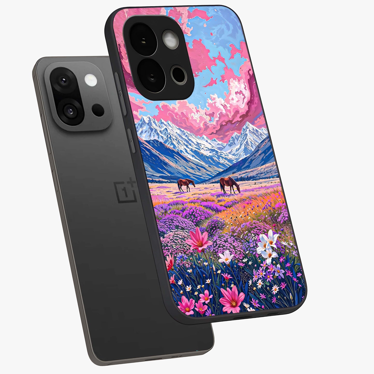 Dreamy Floral Pastures Glass Case for 1+13S angled mockup showcasing glossy finish and gentle bloom textures