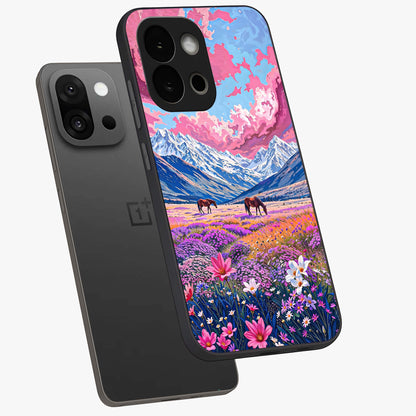 Dreamy Floral Pastures Glass Case for 1+13S angled mockup showcasing glossy finish and gentle bloom textures