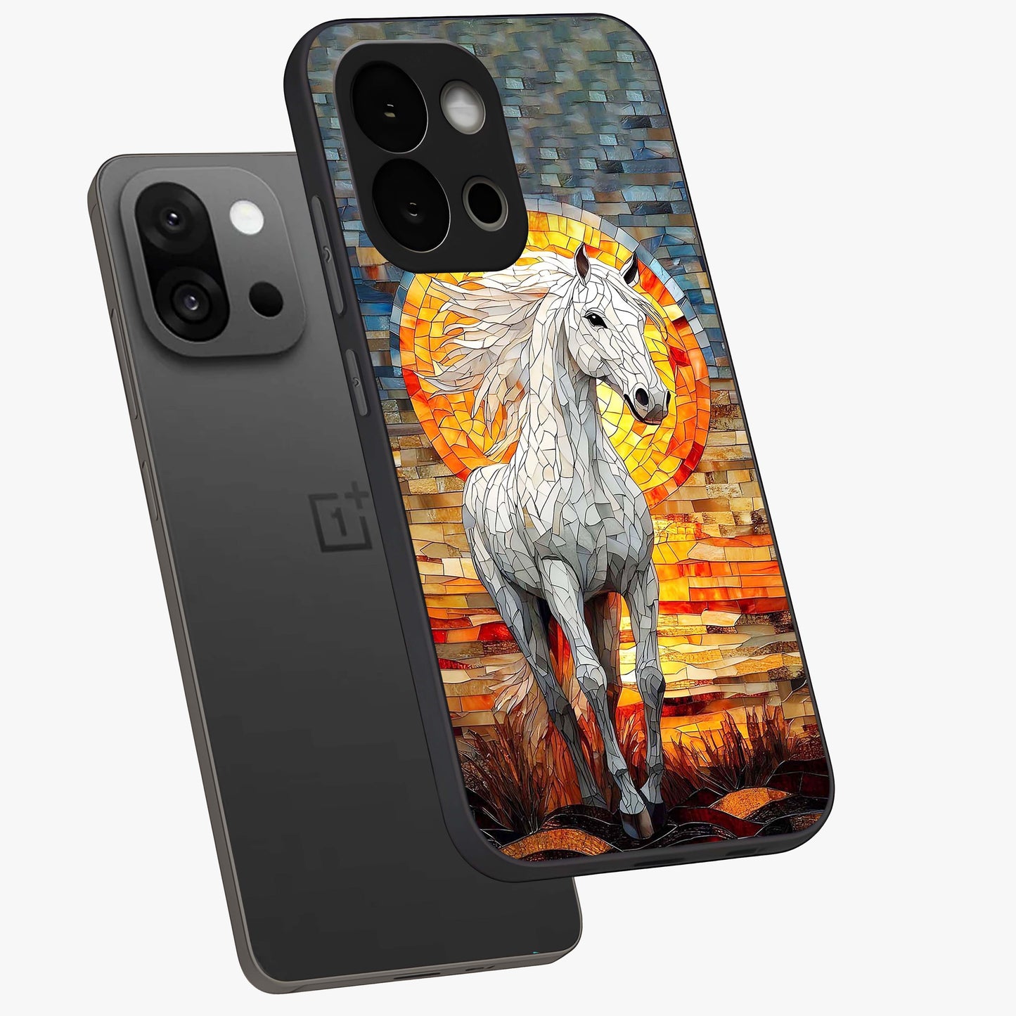 Elected Horse Glass Case for 1+13S angled mockup showcasing glossy finish and dynamic equestrian detailing