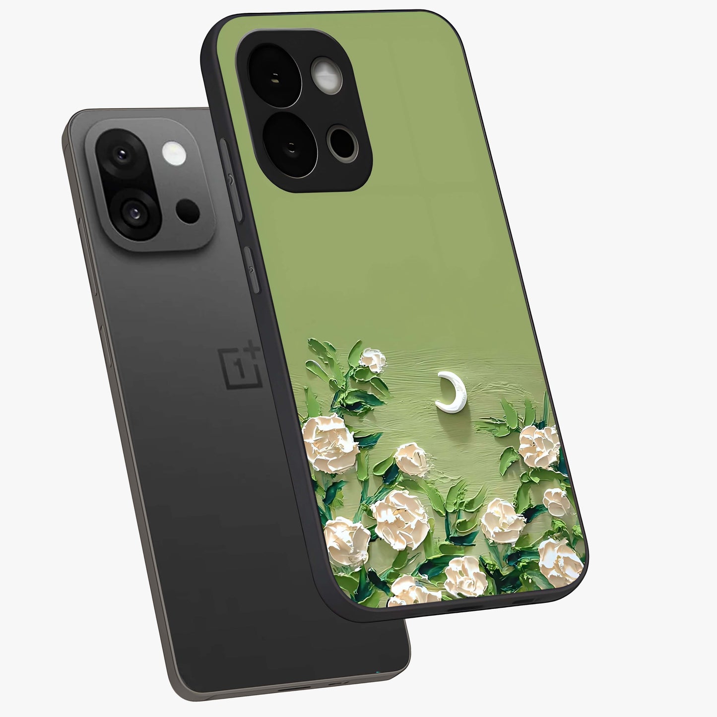 Emerald Bloom Calm Glass Case for 1+13S angled mockup showcasing glossy finish and rich green tones
