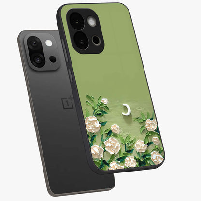 Emerald Bloom Calm Glass Case for 1+13S angled mockup showcasing glossy finish and rich green tones