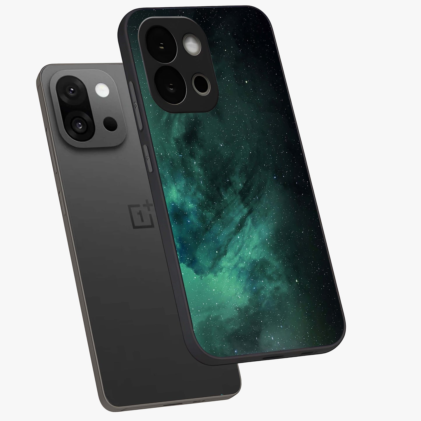 Emerald Green Space Glass Case for 1+13S angled mockup showcasing glossy finish and bold emerald gradients