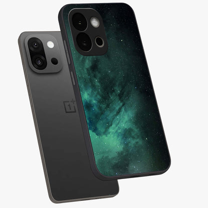 Emerald Green Space Glass Case for 1+13S angled mockup showcasing glossy finish and bold emerald gradients