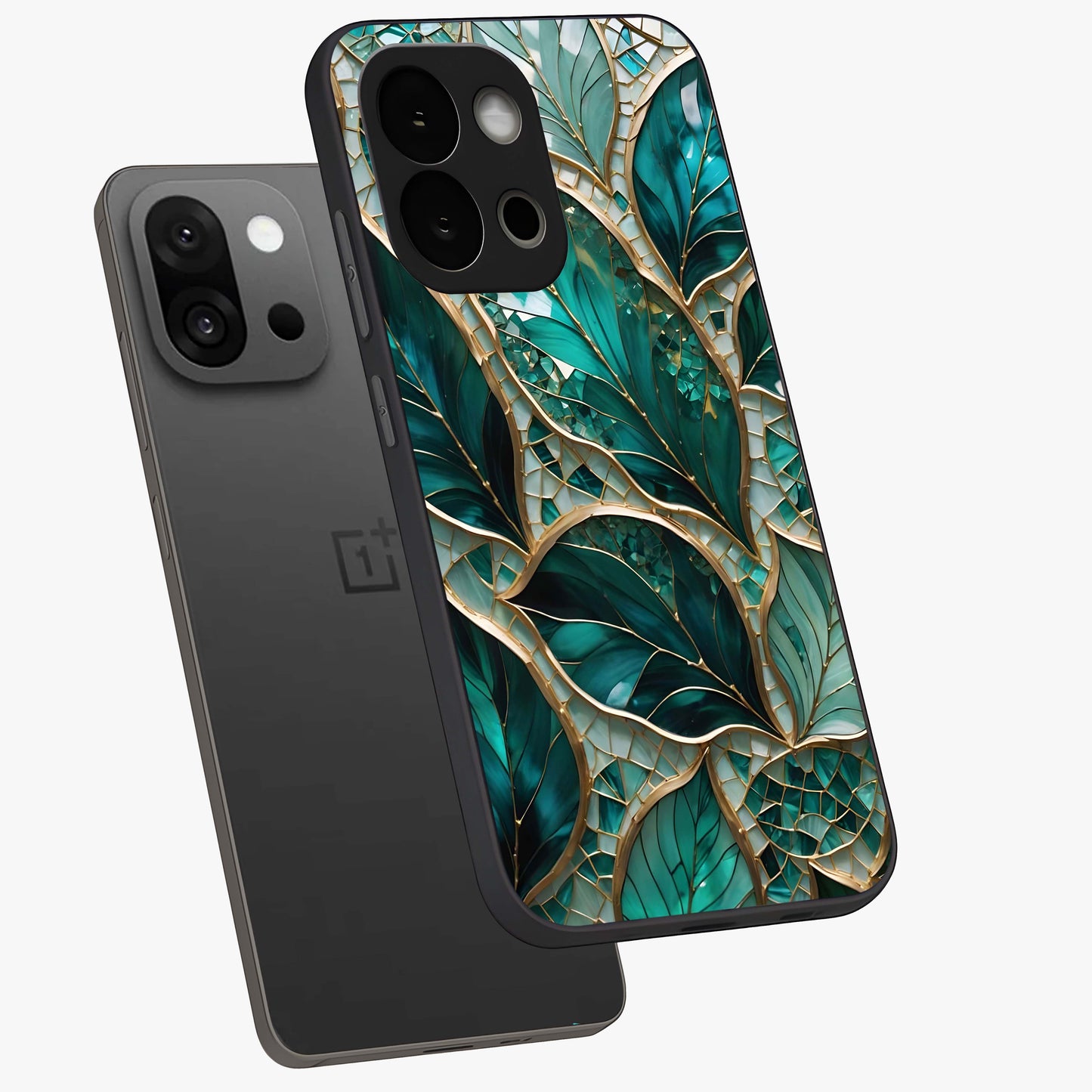 Emerald Leaf Glass Case for 1+13S angled mockup showcasing glossy finish and natural botanical tones